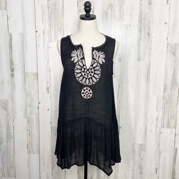 THML Embroidered Tunic Tank Top Black Gray Gauzy Flowy Boho Casual Size M - Picture 11 of 11